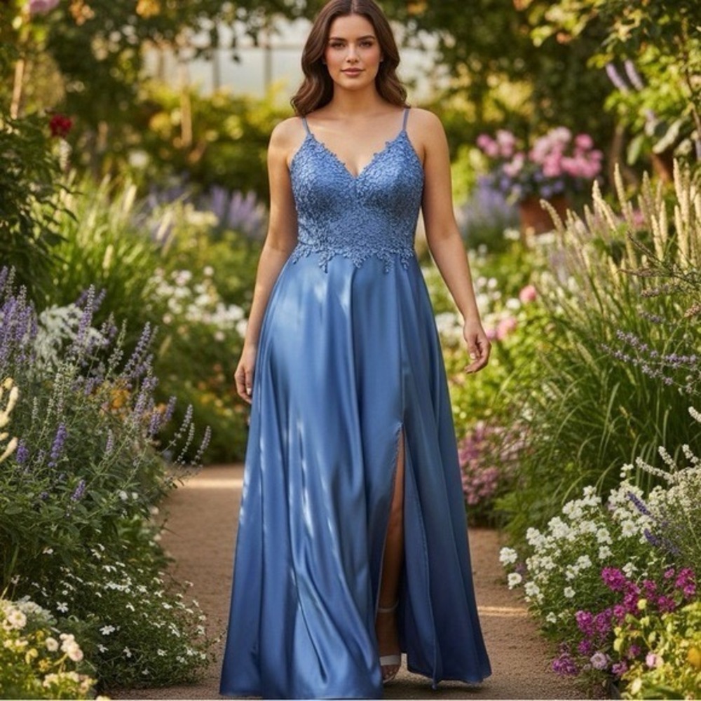 Blue Satin Prom Formal Gown Corset Back Beaded Bustier‎ Slit NWT Faviana 9498 18